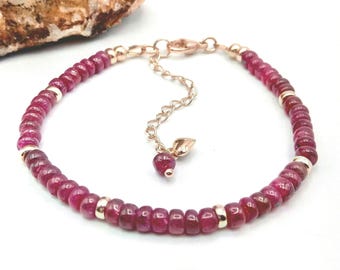 Natural Ruby Beaded Delicate Layering Bracelet in Rose Gold Vermeil, Minimalist July Birthday Birthstone Gift, OOAK