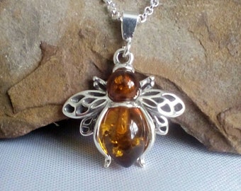 Silver Bee Necklace, Amber Sterling Silver Necklace, Bee Pendant Silver, Bee Gifts For Women, Baltic Amber Pendant Necklace, Polish Amber