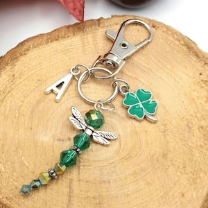 Crystal Dragonfly and Four Leaf Clover Good Luck Personalised Bag Charm, Keychain Clip, Purse Accessory For Women, Zipper Charm