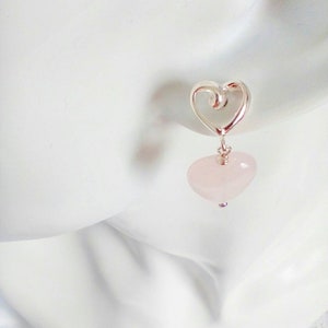 Rose Quartz Earrings, Rose Quartz Earrings Silver, Rose Quartz Dangle Earrings, Feminine Jewelry, Pink Heart Jewelry, Special Friend Gift image 4