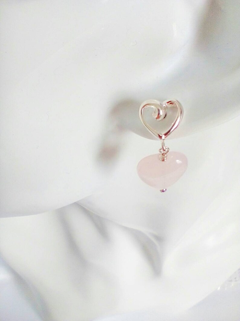 Rose Quartz Earrings, Rose Quartz Earrings Silver, Rose Quartz Dangle Earrings, Feminine Jewelry, Pink Heart Jewelry, Special Friend Gift image 4