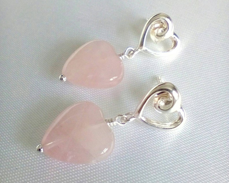 Rose Quartz Earrings, Rose Quartz Earrings Silver, Rose Quartz Dangle Earrings, Feminine Jewelry, Pink Heart Jewelry, Special Friend Gift image 3