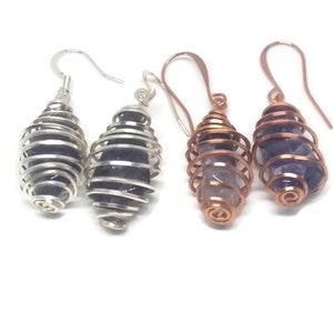Wire Wrapped Amethyst Pendant Earrings: Silver & Copper Set