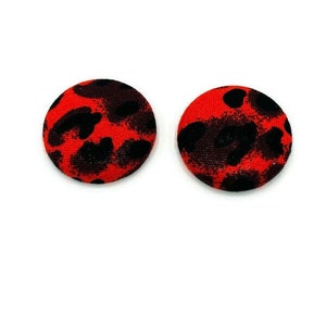 Red Leopard Print Fabric Button Earrings: Hypoallergenic Studs