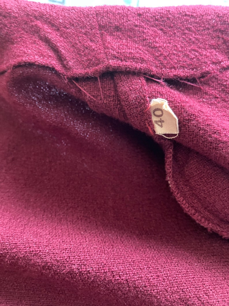 Vintage 1940\u2019s burgundy two piece suit and belt U.K size 68 by fashion house Trebeca