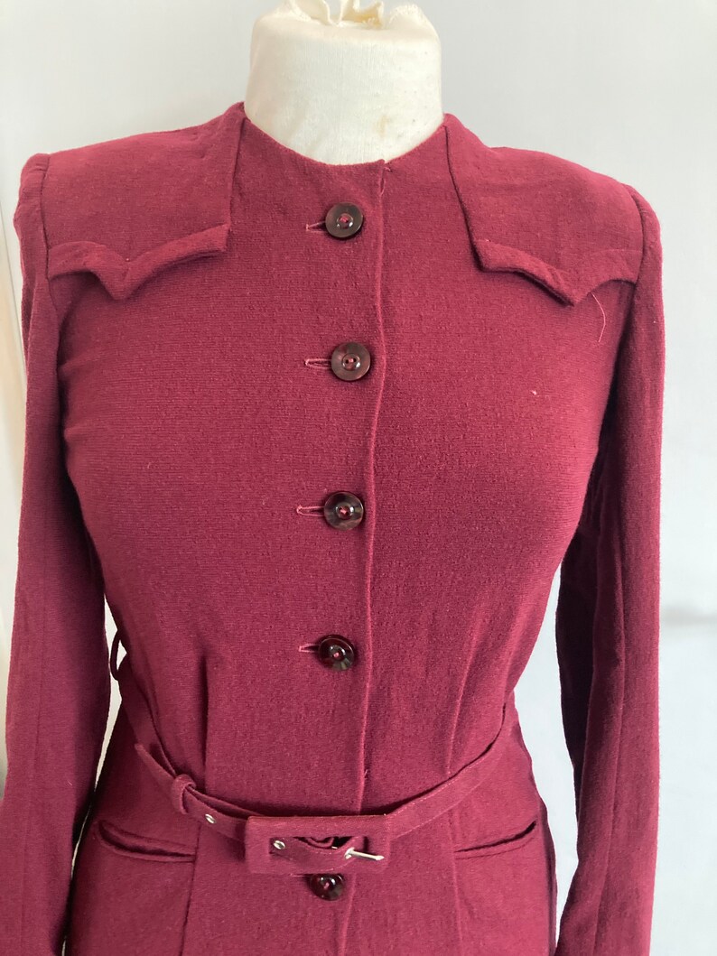 Vintage 1940\u2019s burgundy two piece suit and belt U.K size 68 by fashion house Trebeca