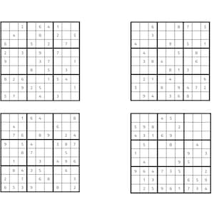 May include: Four black and white Sudoku puzzles with numbers 1 through 9 in each grid.