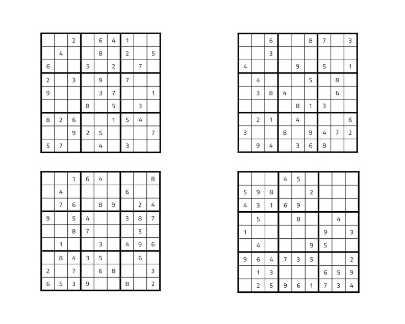 May include: Four black and white Sudoku puzzles with numbers 1 through 9 in each grid.