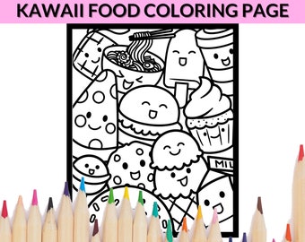 Kawaii Food Doodle Coloring Page, Hilarious kawaii coloring book, Sweet Treats Digital Download, Digital Printer Ready PDF, Foody sheet