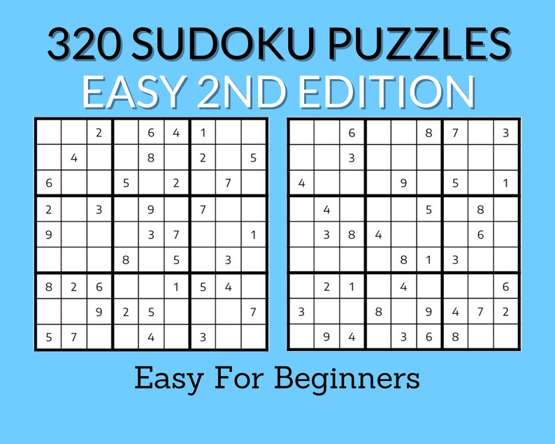 May include: Two black and white Sudoku puzzles with numbers filled in. The puzzles are labeled "320 Sudoku Puzzles Easy 2nd Edition" and "Easy For Beginners".