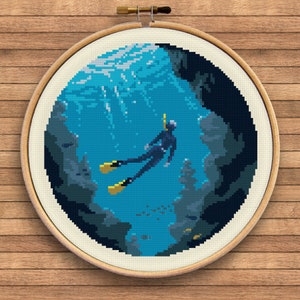 Underwater: Diver #055 - Sunny Cloud Studio - modern counted cross stitch pattern - instant download PDF