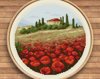 Nature: Tuscan Poppies #030 - Sunny Cloud Studio - modern counted cross stitch pattern - instant download PDF