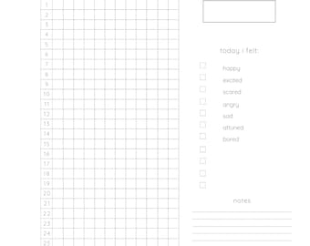 May include: A printable mood tracker with a grid for each day of the year. The grid is labeled with the months of the year. There is a section for notes and a checklist of moods including happy, excited, scared, angry, sad, attuned, and bored.
