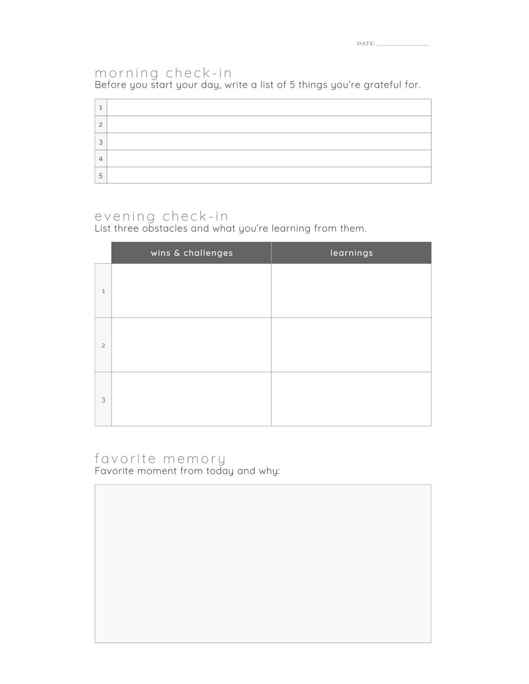 INSTANT DOWNLOAD- Daily Check-in + Learnings + Favorite Memory Template ...