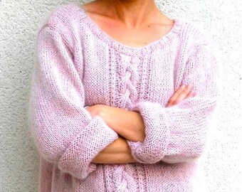 Pink Cable Mohair Sweater, Gift for Her, Woman Gift, Fluffy  Sweater, Pink