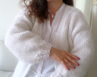 White Mohair Cardigan, White Mohair Thick Vest, Gift for Her, Woman Gift