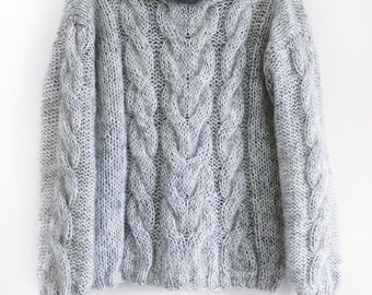 Mohair Superkid Gray Cable Sweater, Warm Winter Sweater, Gift for Her, Woman Gift