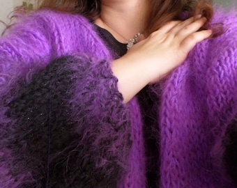 Cardigan Bernadette en mohair violet, prêt à être expédié, cardigan d'hiver chaud, cadeau pour elle, cadeau femme