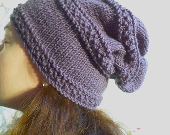 Hand Knitted Purple Soft Alpaka Beanie, Winter Wool Hat