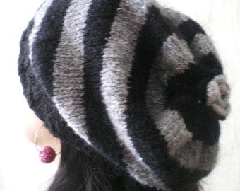 Handknitted Stripped Black Gray Beanie/ Unisex Gift/ Christmas Gift/ Merino Wool