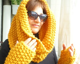 Chunky Wool Set, Neckwarmer, Arm Warmers, Yellow, Woman Gift, Fingerless Gloves, Christmas Gift, Handknit Cowl, Chunky Knit Cowl,Knit Snood