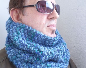 Herren Blau Schal, Unisex Wolle Handgestrickt Schlauchschal, Versandfertig, Blauer Schal, Weihnachtsmann Geschenk, Herren Geschenk, Geschenk für Ihn