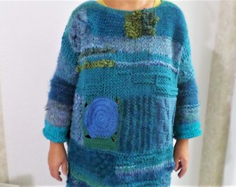 Pull bleu marine, grosse tunique en mohair, pull long chaud, cadeau pour elle, cadeau femme