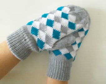 Armwarmers Gray White Blue, Woman Gift, Gray Gloves, Chunky Arm Warmers, Christmas Gift