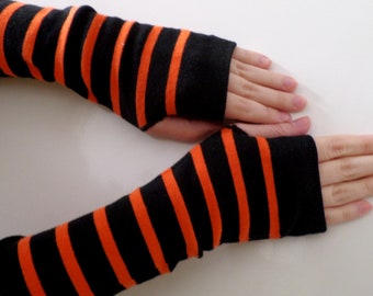 Black Orange Long Striped Fingerless Gloves Unisex Cadeau de Noël