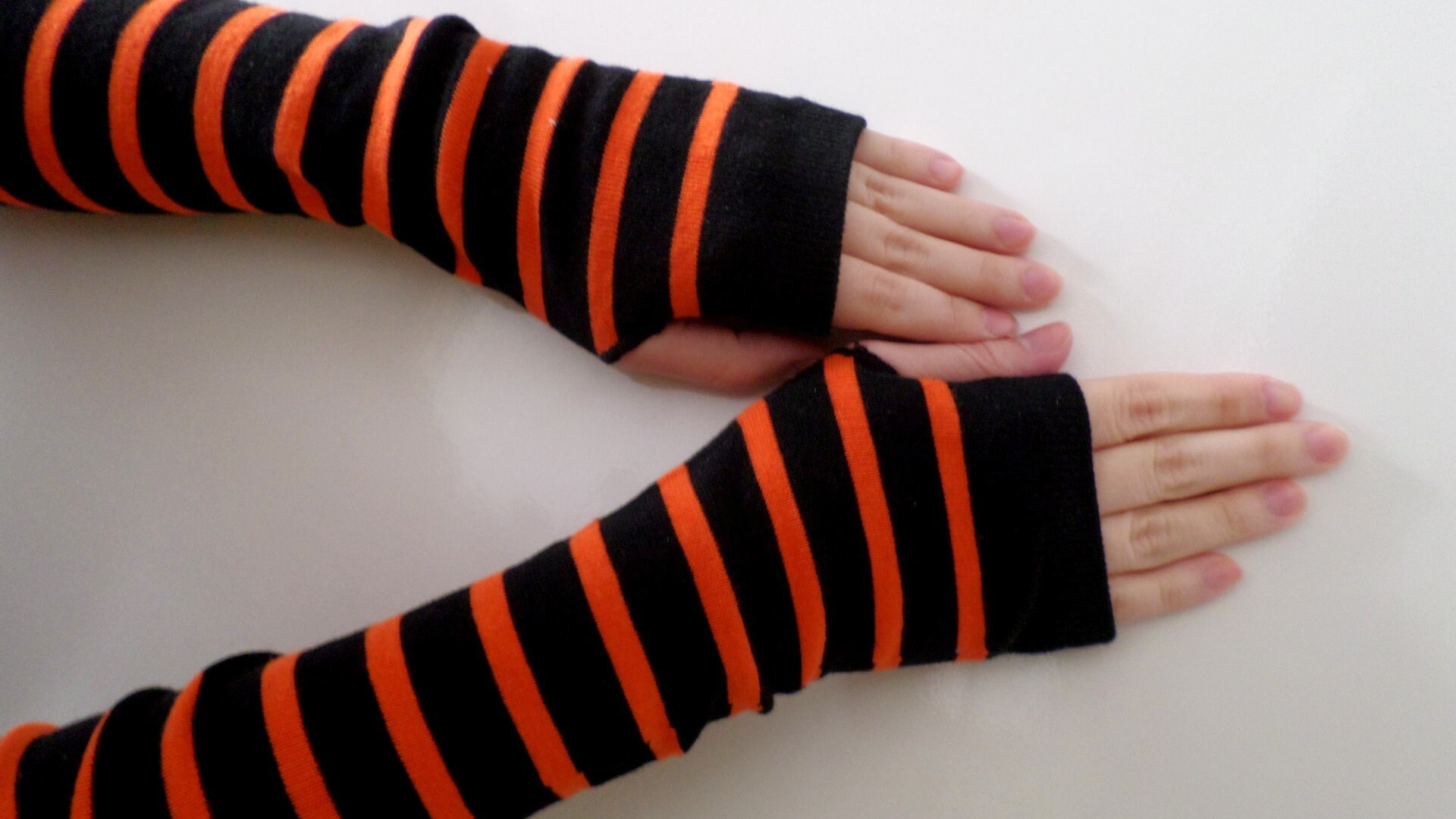 Black Orange Long Striped Fingerless Gloves Unisex Christmas Etsy
