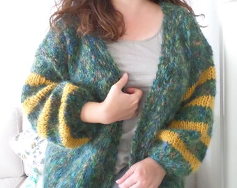 Cardigan Oversize Emerald Melange Mohair, Ready for Shipping, MohairWarm Winter Cardigan, Gift for Her, Ready- to- Wear, Woman Gift