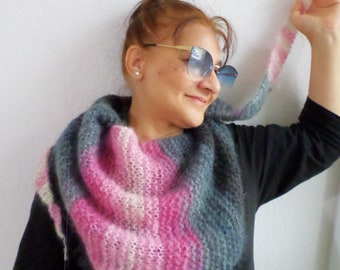 Kid Silk Mohair Multicolor Handknitted Bandana Shawl. Triangle Bandana Shawl. Winter Warm Shawl