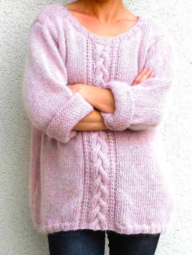 Pink Cable Mohair Sweater, Gift for Her, Woman Gift, Fluffy Sweater, Pink image 1