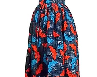 African Print Wax Maxi Skirt / Ankara High Waist Skirt/  Orange Blue  / 100% Cotton