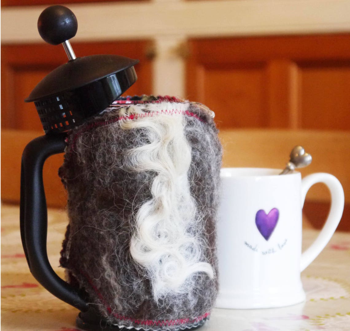Brown with white coffee pot cosy Felted Cafetiere cover Etsy