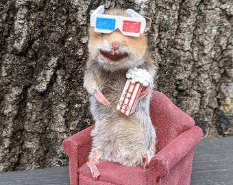 Taxidermy Rodent Watching Movies Small Real Taxidermy Art in Comfy Chair with Popcorn & 3D Glasses Made to Order Rat or Mouse Only