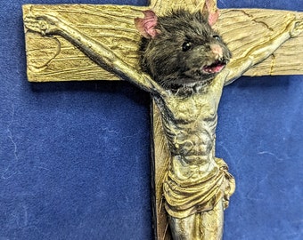 Crucifix With Taxidermy Mouse Head Handmade Hand-cast Metallic Painted Crucifix Religious Oddities Christian Satire