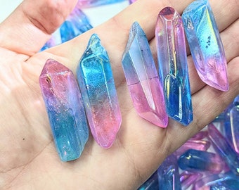 Pink & Blue Aura Quartz Crystals Points Wands 100 Grams Aura Electroplated Two-Color Crystal Stones Big Two-Tone Crystal Wands Crystal Sale