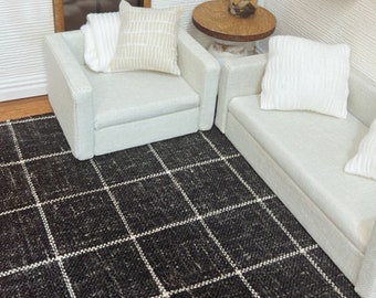 Dollhouse Rug, Weathered Black with Beige Stripes, Miniature Carpet 1:12