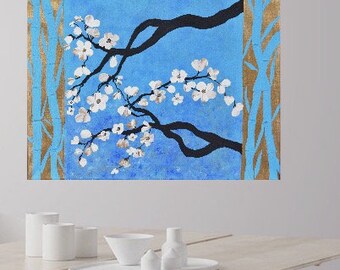 Cherry Blossom Painting Blue Oriental Art Bamboo Zen Art- Modern Flower Branches Asian Art Cherry Blossom Art Cherry Blossoms Birthday Gift