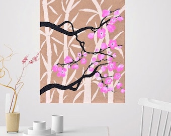 Cherry Blossom Painting- Zen Art- Bamboo Painting- Modern Flower Art- Pink Cherry Blossoms Art- Beautiful  Birthday Gift -Asian Art Decor