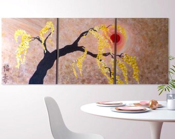 Oriental Art Flower Acrylic Canvas Abstract Cherry Blossom Tree Painting 3 Panels Decor Birthday Gift  Handmade Asian Flower Tree Home Decor