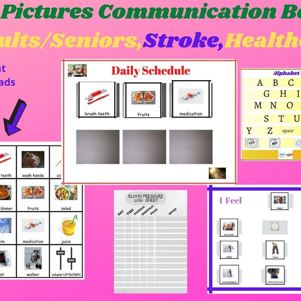 60 Adult Communication Board,Stroke/Adult/Dementia ,PECS Visuals ,Instant Download,Seniors,Daily Schedule ,Alphabet Board,Blood Pressure log