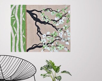 Modern Flower Art  Original Bamboo Art Modern Tree Art Asian Art White Cherry Blossoms Wall Art Zen Flower Art Asian Bamboo Art