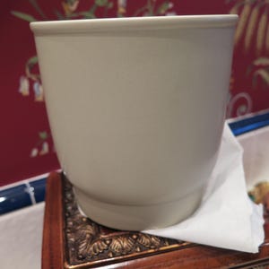 May include: A light beige ceramic planter with a slightly flared rim. The planter sits on a decorative wooden box with ornate carvings. A white cloth is placed between the planter and the box. The background features a floral wallpaper.