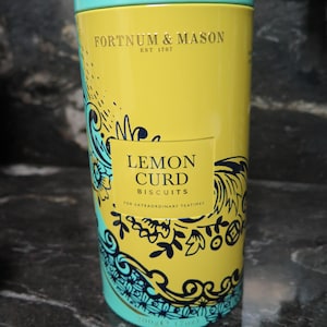 TIN Fortnum & Mason Lemon Curd Biscuits Cookie Tin Blue Yellow EMPTY Clean