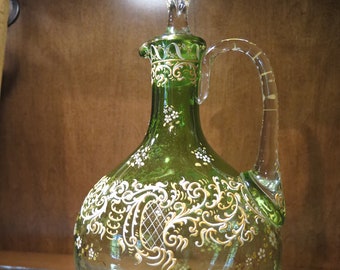 Spring Green DECANTER Carafe Moser Style Enameled Yellow & White Glass Blown Stopper Antique