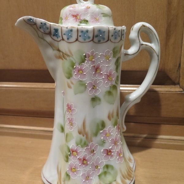 Tetera de té, café y chocolate con colores primaverales, japonesa, floral, pintada a mano, NIPPON, dorada, antigua