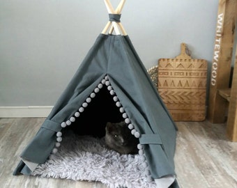 Pet teepee, gray cotton canvas, pompoms trim, including fake fur or cotton pillow. Dog house, cat home, teepee, pet bed, wigwam, tepee. Boho