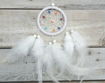 White dream catcher, teepee finish, beads, white feathers